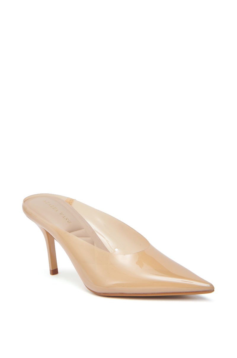 The AZALEA WANG EEMIL NUDE PUMP STILETTO is a pointed-toe mule with a glossy finish and mid-height stiletto heel, shown elegantly against a white background.