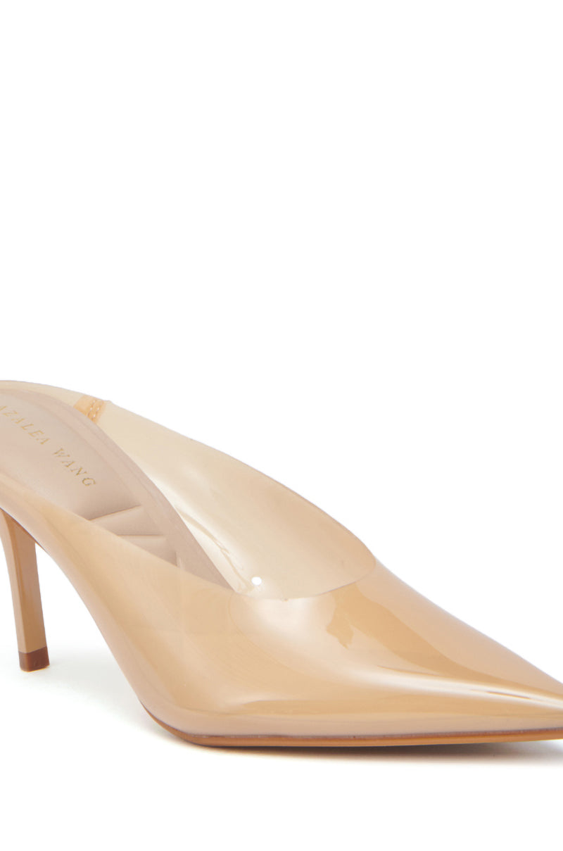 The AZALEA WANG EEMIL NUDE PUMP STILETTO is a beige patent leather mule with a pointed toe, stiletto heel, glossy finish, and easy slip-on design.