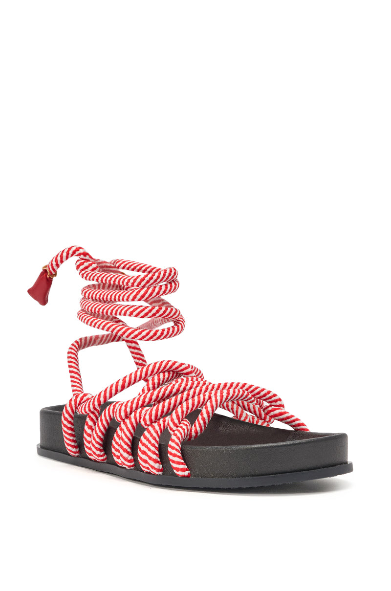 The AZALEA WANG EINER RED ROPE FLATFORM SANDAL features a black thick sole and red-and-white twisted rope straps that wrap around the foot and ankle with a back knot—perfect for stylish summer beachwear. 5