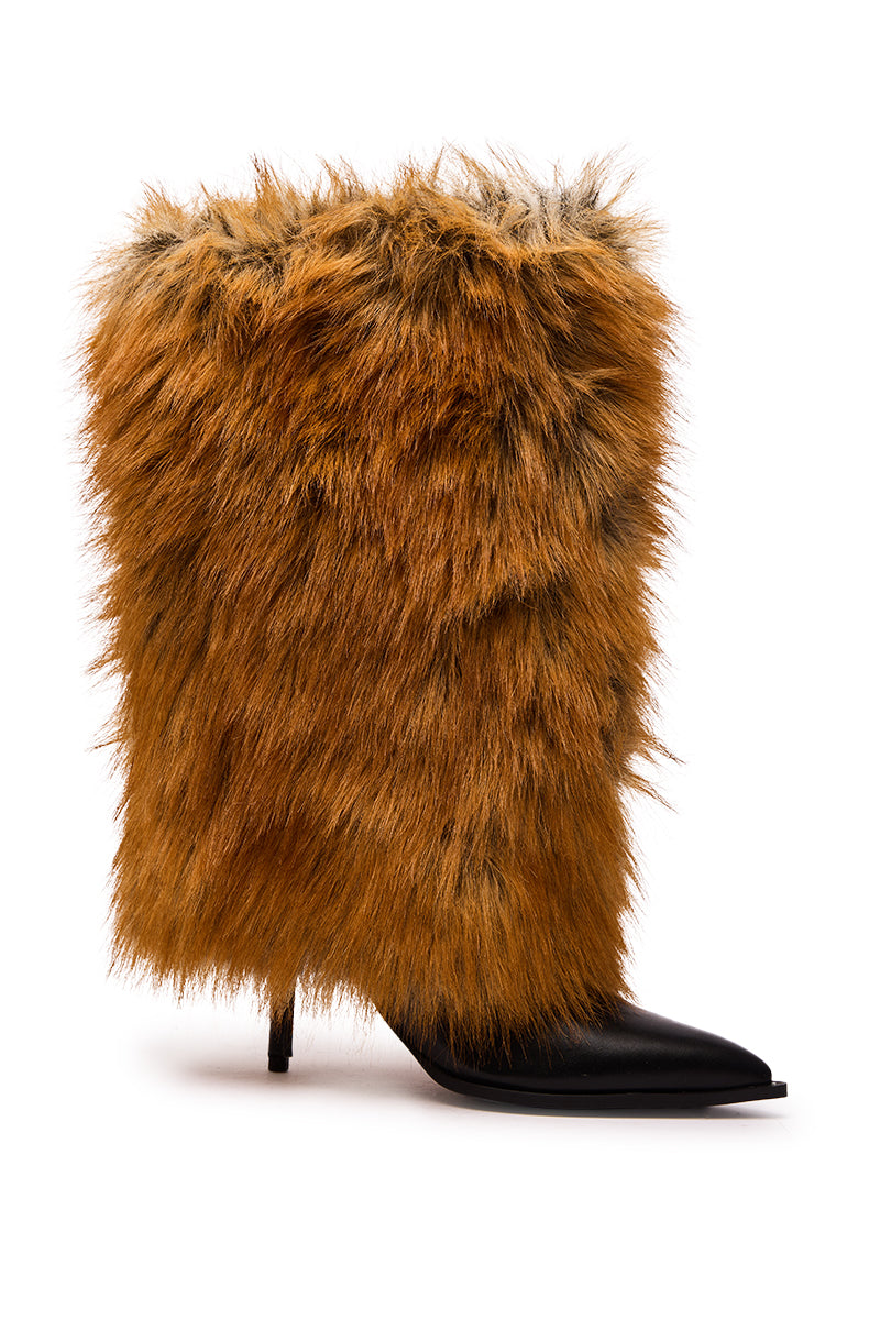 The AZALEA WANG EKKEN RED FOX FUR STILETTO BOOT features a pointed black toe and thick reddish-brown faux fur mid-calf shaft for standout style.
