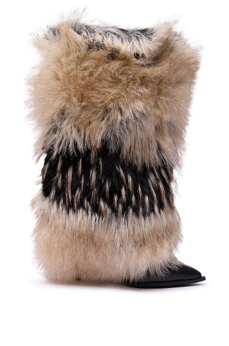 The AZALEA WANG EKKO MULTI FUR STILETTO BOOT features a pointed toe and stiletto heel, covered in luxurious long multi-toned faux fur in tan, black, and cream for a bold high-fashion look.