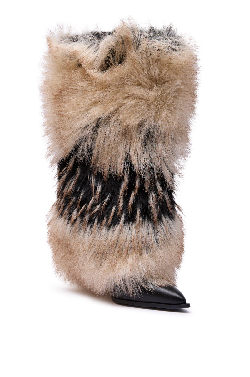 The AZALEA WANG EKKO MULTI FUR STILETTO BOOT features a tall silhouette, pointed toe, and thick multi-toned faux fur in brown, black, and cream with a sleek black leather toe—perfect for making a bold winter statement.
