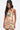 A woman with long dark hair in a high ponytail wears the FLOUNCE CORSET MINI DRESS, featuring a strapless neckline and mixed print. Gold hoop earrings complement her look as she stands against a plain white background.