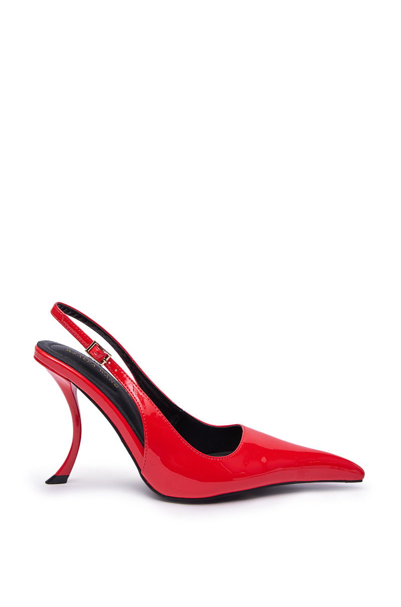 The AZALEA WANG EMANUELA RED SHARP TOE SLING BACK PUMP, a glossy faux patent leather heel with a pointed toe and curved stiletto, is shown from the side on a white background.