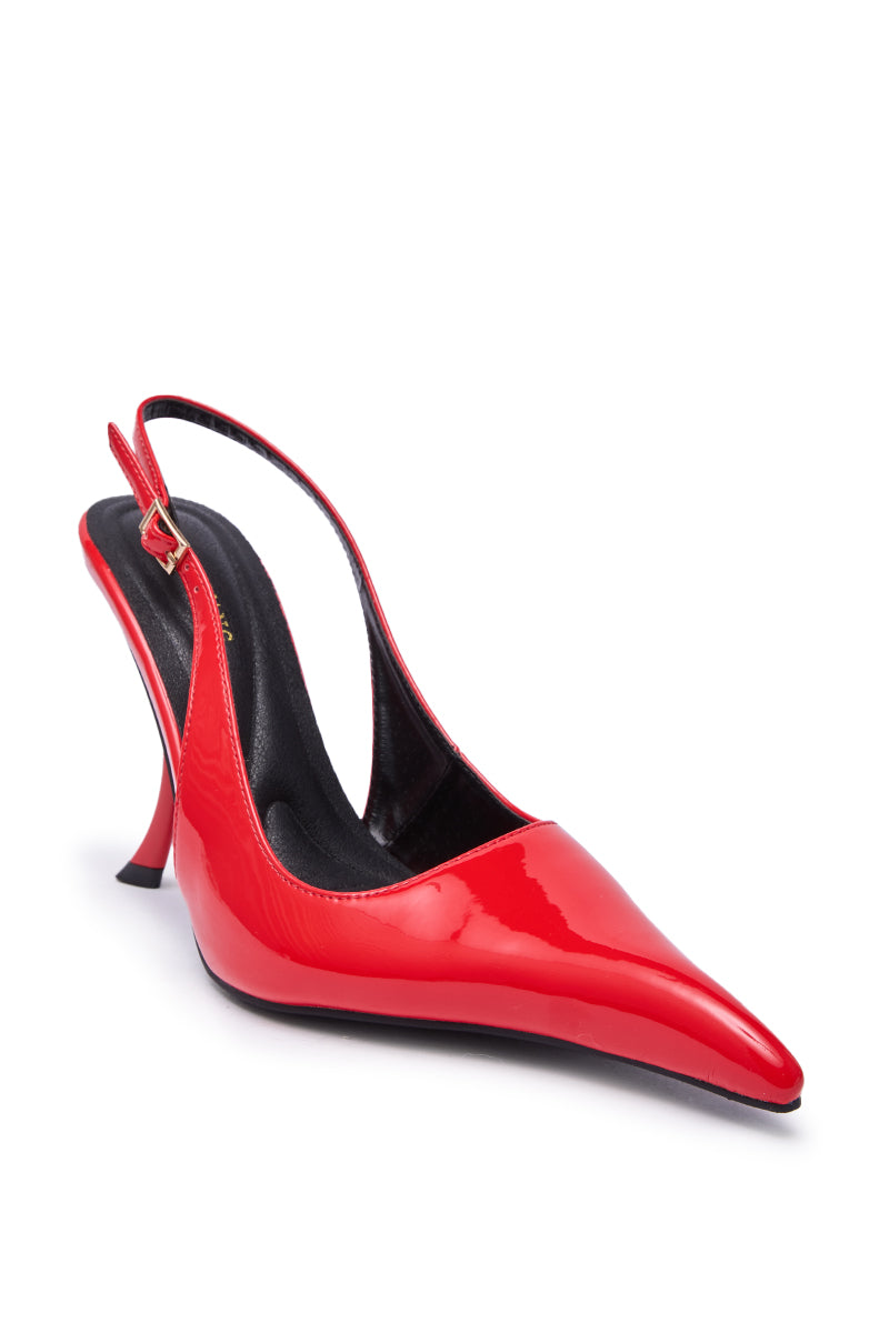 The AZALEA WANG EMANUELA Red Sharp Toe Sling Back Pump features shiny red faux patent leather, a pointed toe, sleek stiletto heel, black interior, and is shown against a white background.