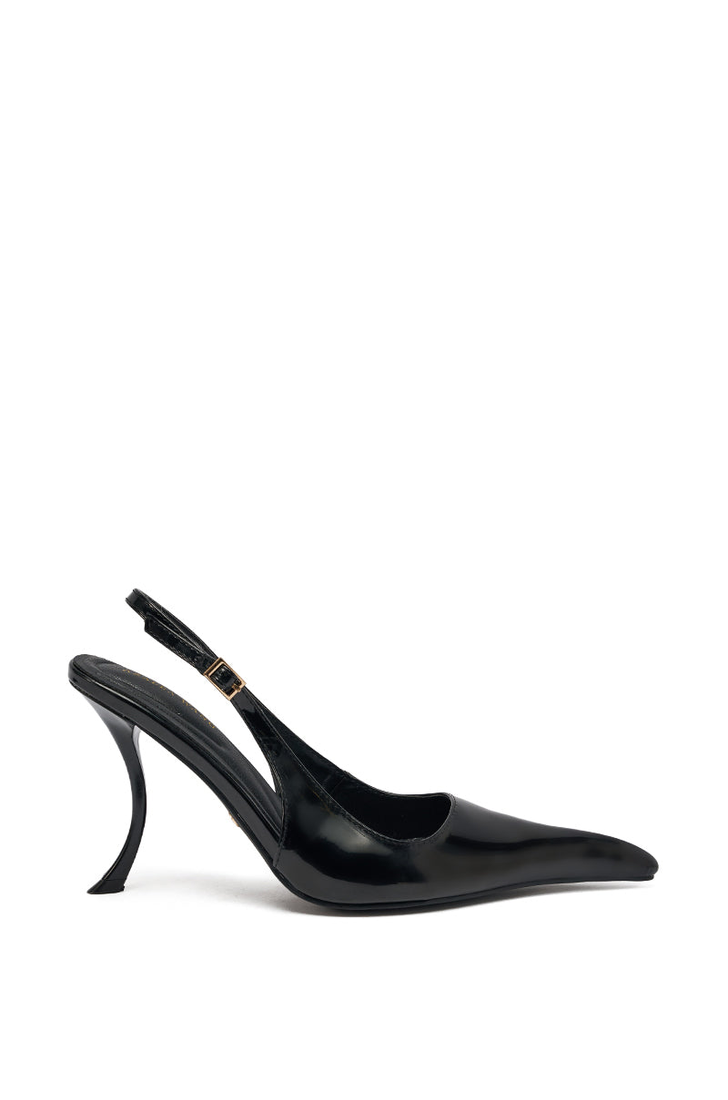 The AZALEA WANG EMANUELA BLACK NOVELTY SLING BACK PUMP showcases glossy patent leather, a pointed toe, and a curved sculptural stiletto heel, all set against a crisp white background. 3