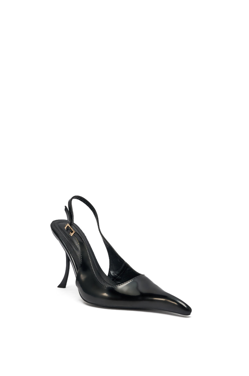 The AZALEA WANG EMANUELA BLACK NOVELTY SLING BACK PUMP is a black patent leather stiletto with a pointed toe, shown on a white background. 4