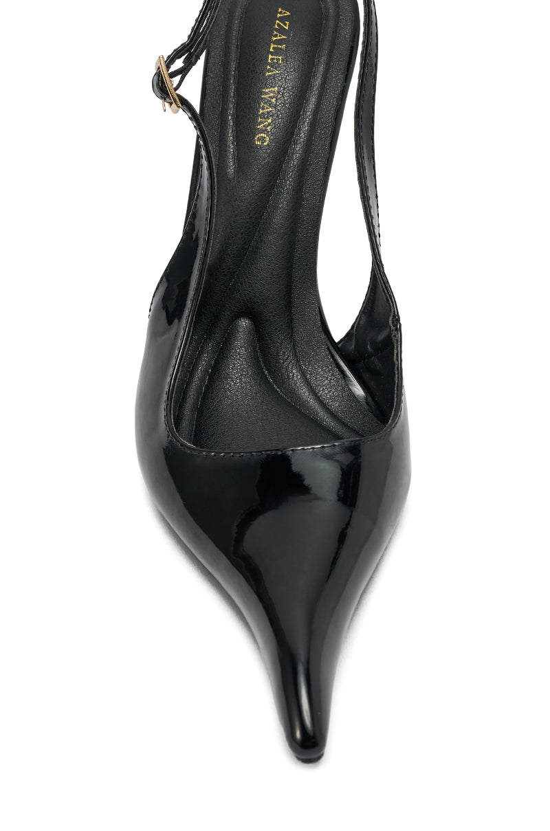 Close-up of the AZALEA WANG EMANUELA BLACK NOVELTY SLING BACK PUMP in faux patent leather, featuring a pointed toe, stiletto heel, gold buckle, and an insole with gold "AZALEA WANG" lettering. 6
