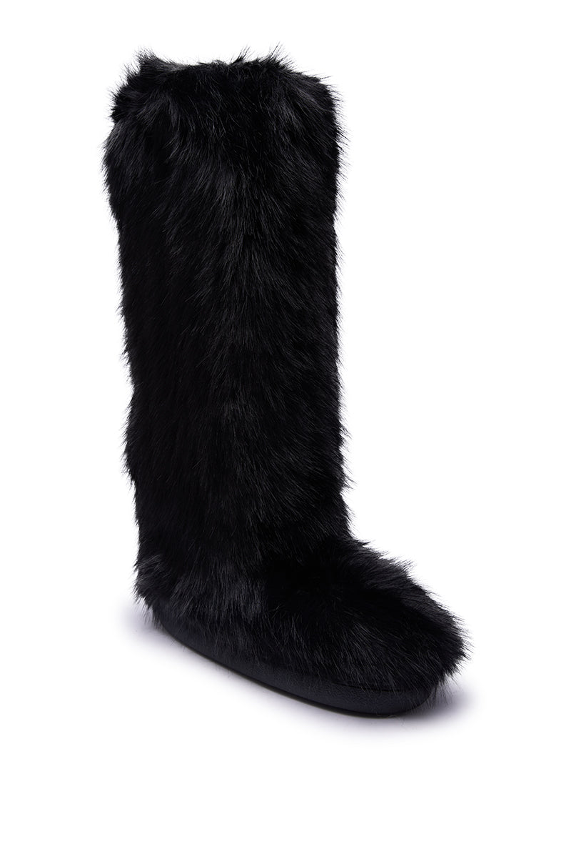 The AZALEA WANG EMIR BLACK FLAT FUR KNEE HIGH BOOT features faux fur, a rounded toe, and a flat sole, shown in tall black style against a plain white background.