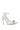 The AZALEA WANG ESMARIA WHITE METAL EMBELLISHED PUMP features a pointed toe, ankle strap, stiletto heel, large gold metallic sphere on the toe, light brown sole, and a sleek patent white finish against a plain background.