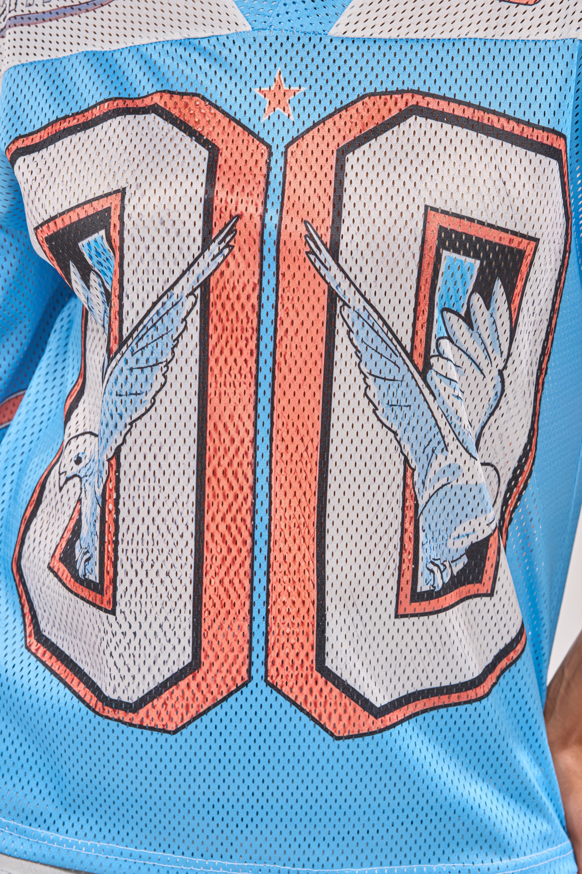 A close-up of the FLY AWAY JERSEY, a blue varsity top featuring bold red and white “00” on the back, each zero decorated with white birds in flight for a sporty streetwear look. 10