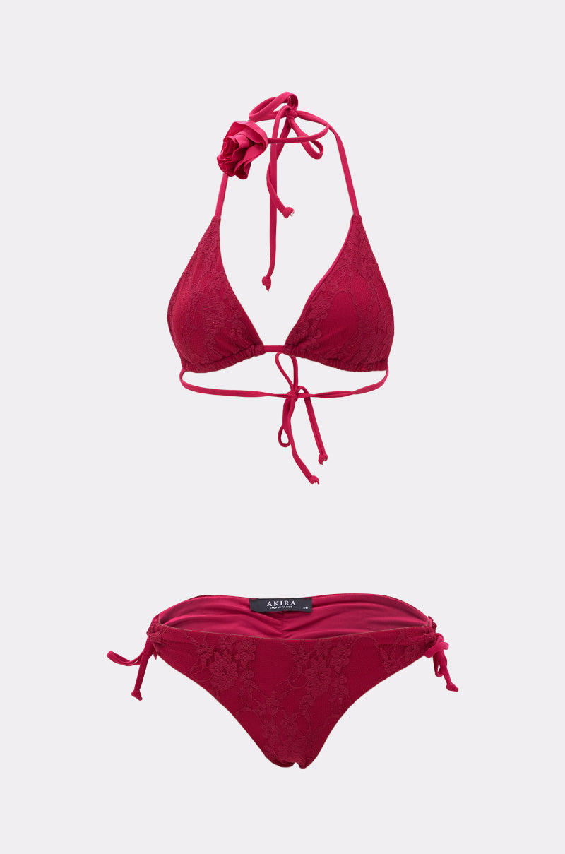 The MY ROSE SWIM SET features a red rose halter neck tie top and matching side-tie bottoms with floral lace overlay, shown on a plain light gray background.