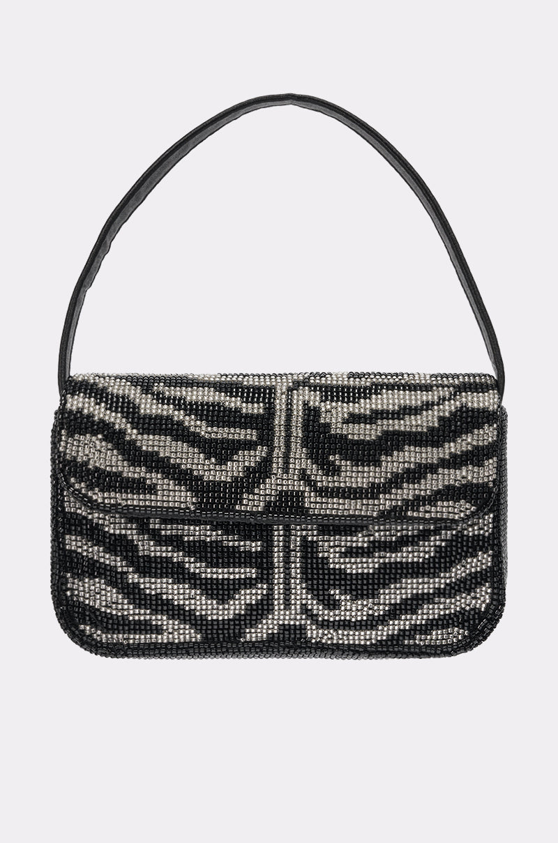 The VIVIANNE BEADED PURSE is a striking zebra-patterned evening bag with black and silver beads and a black handle—ideal as a cocktail event accessory, especially against a simple light background. 2