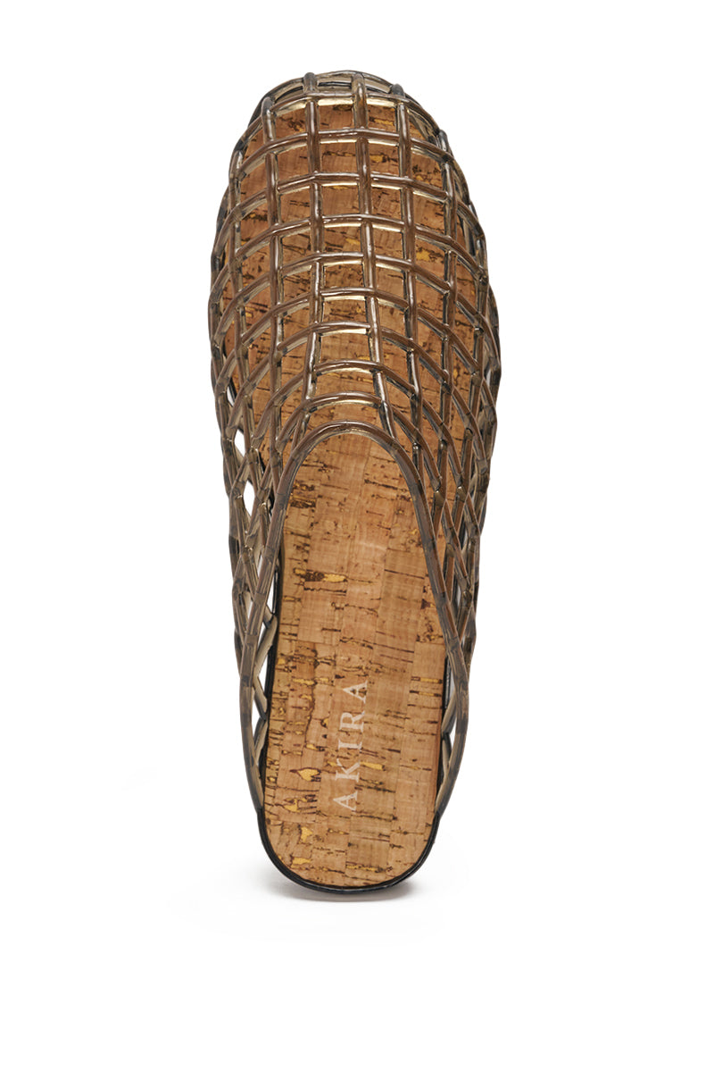 The AKIRA FAIROZE BLACK JELLY MULE features a black lattice design, metallic woven upper, and cork insole printed with "AVARA." Photographed from above on a white background, these slip-on sandals make chic summer footwear. 3