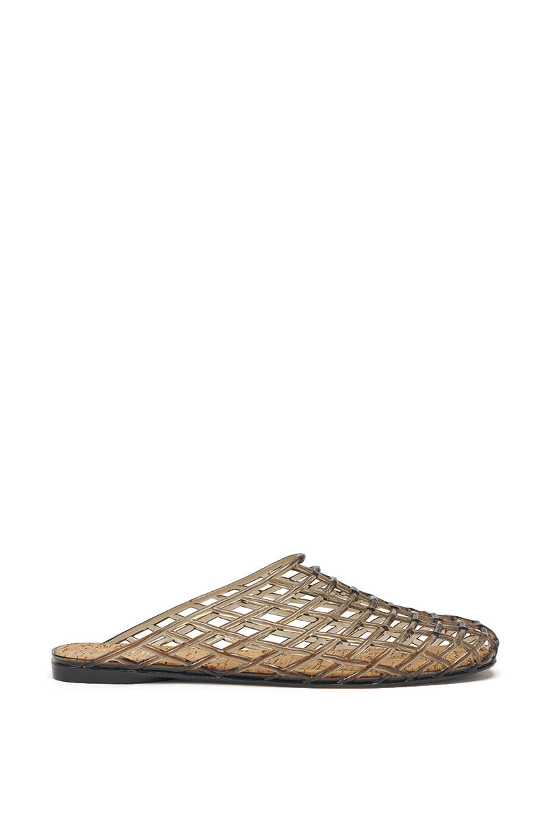 A single AKIRA FAIROZE BLACK JELLY MULE with a flat sole, open toe, and open back—an ideal summer shoe—displayed on a white background. 4