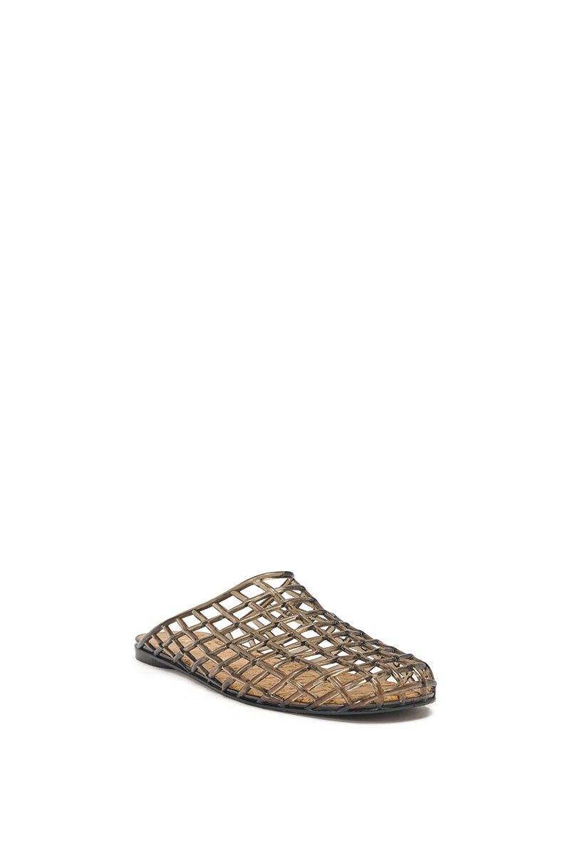 The AKIRA FAIROZE BLACK JELLY MULE is a single black slip-on sandal with an open, lattice-style design, ideal for summer, shown against a plain white background. 5