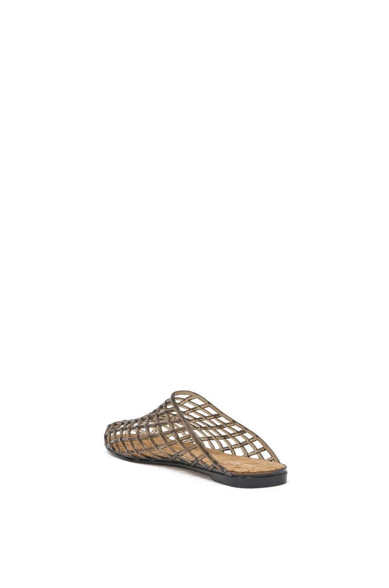 The AKIRA FAIROZE BLACK JELLY MULE is displayed from the back on a white background, featuring an open lattice design and flat sole—an ideal choice for summer footwear. 6