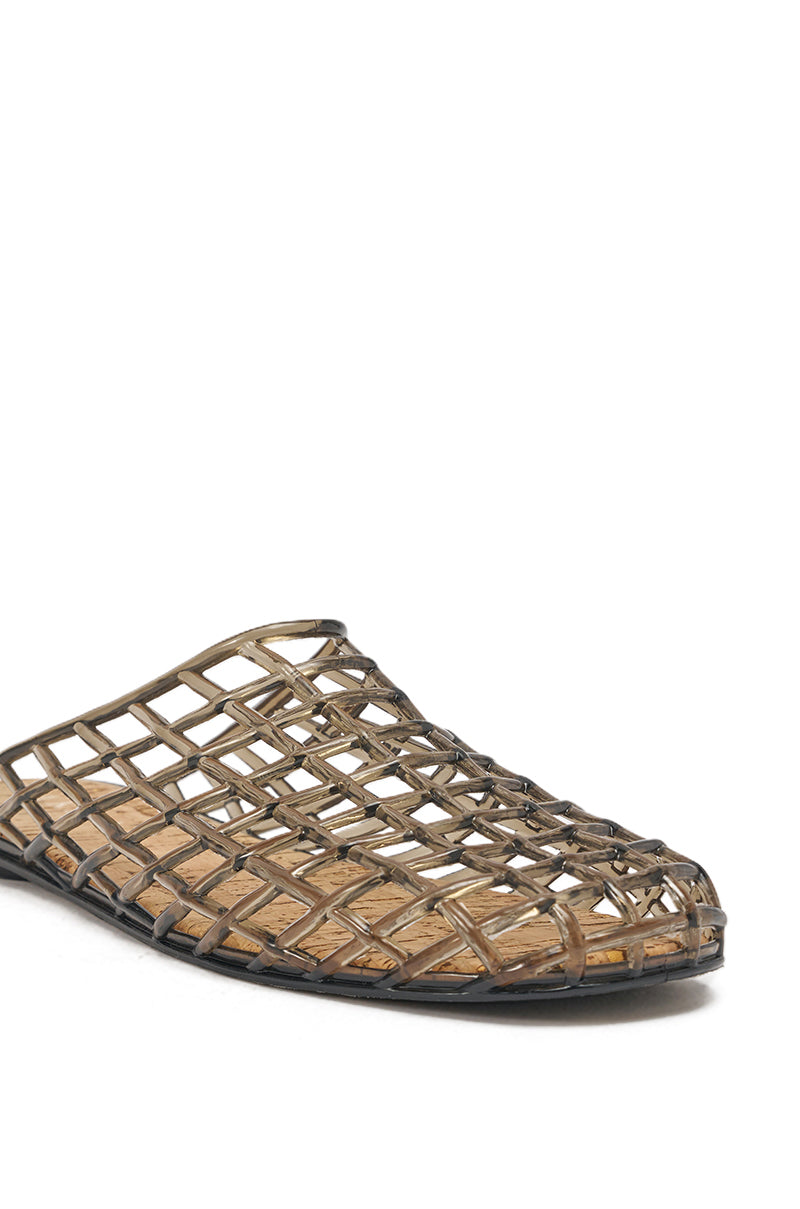 The AKIRA FAIROZE BLACK JELLY MULE is a black flat sandal with an open, lattice-style design reminiscent of classic woven cage sandals, displayed on a plain white background. 7