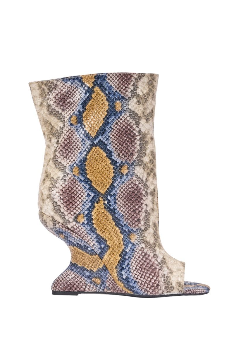 The AZALEA WANG FAOI SNAKE MULTI OPEN TOE WEDGE BOOTIE features a chic snake print in beige, yellow, blue, and brown with a sculptural inverted wedge heel and an open toe design for high-fashion flair. 3