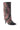 The AZALEA WANG FARLEY EMBELLISHED BOOT is a stylish knee-high boot adorned with intricate red, white, and black beaded patterns arranged in concentric circles. Crafted from luxurious faux suede, this boot features a pointed toe and a moderate kitten heel, making it a bold and eye-catching fashion statement.