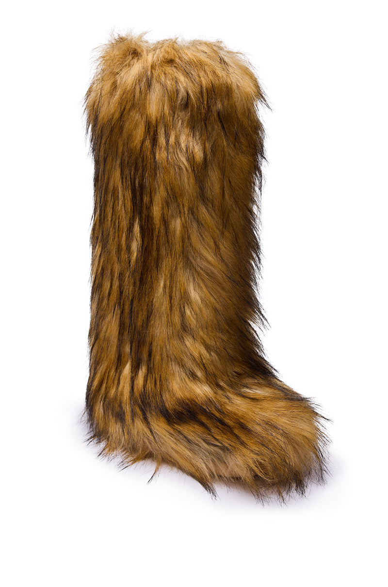 The AZALEA WANG FAYES BROWN MULTI FURRY KNEE HIGH FLAT BOOT features shaggy brown and black faux fur, a rounded toe, and no visible heel or laces—perfect cozy winter boots shown upright against a white background.