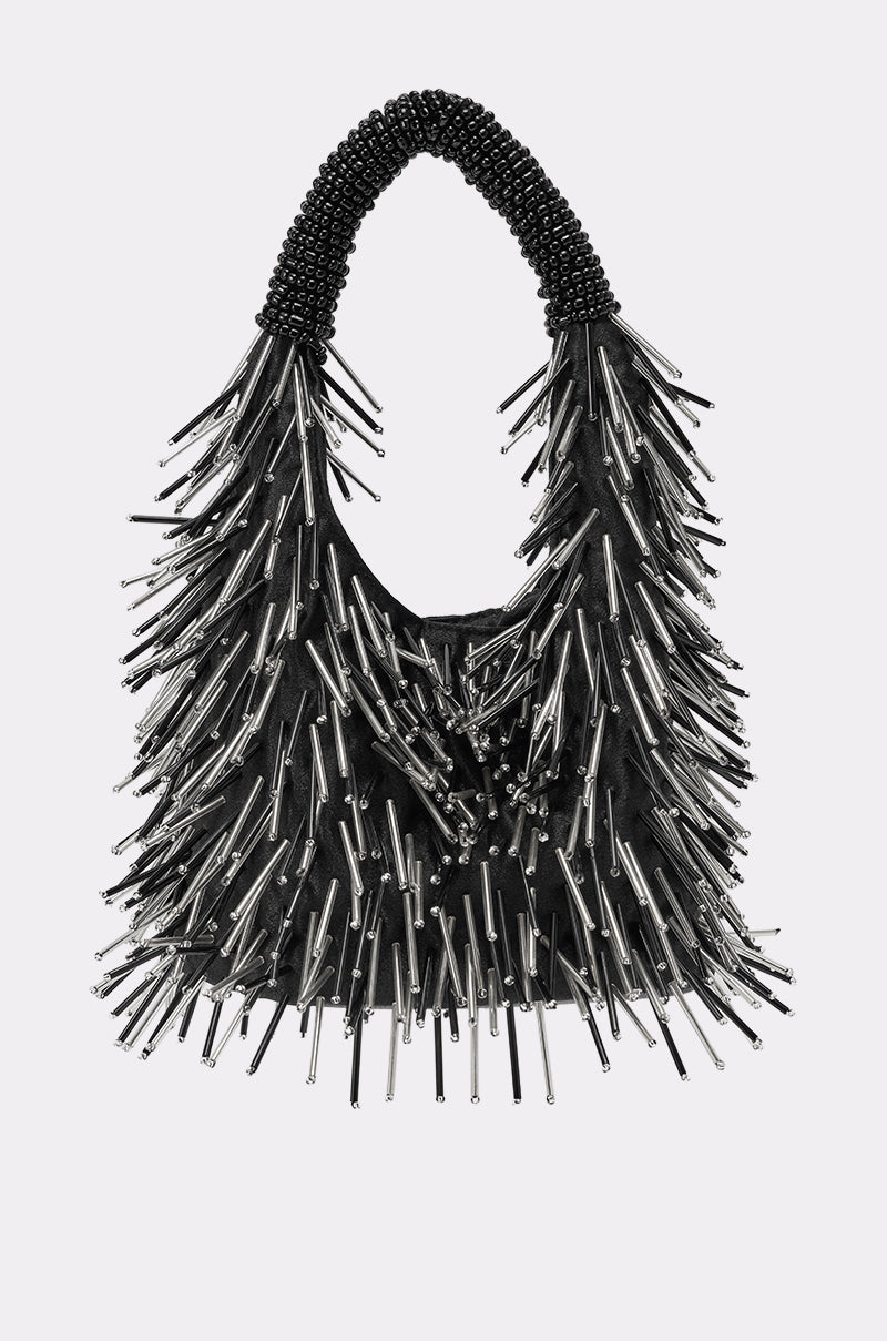 The TOUCH ME PURSE is a black embellished handbag with a beaded handle, featuring long silver metallic spikes on all sides for a bold, edgy look. 0