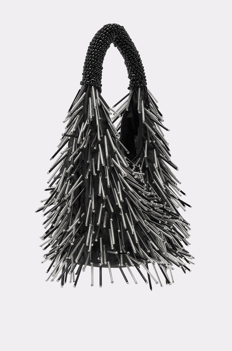 The TOUCH ME PURSE is a striking black embellished handbag with a beaded handle and long silver metallic spikes, perfect as an evening bag. Shown against a plain light gray background. 2
