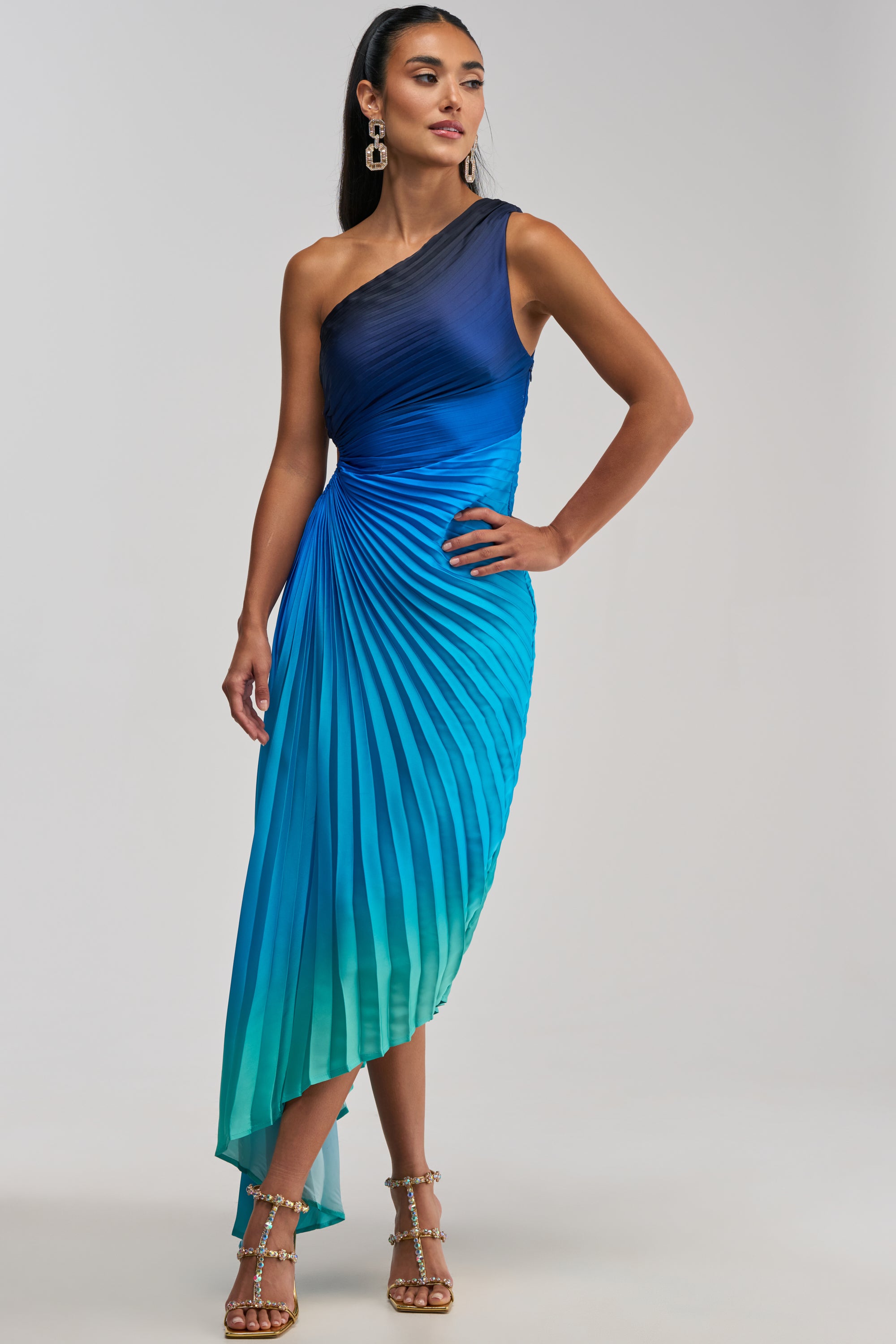 Blue Ombre One Shoulder Satin Midi Dress