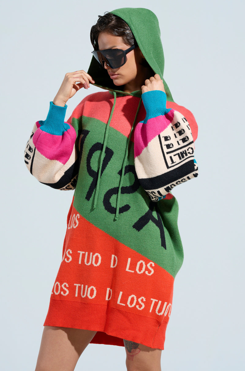 A person sporting the LOUD AND PROUD PULLOVER HOODED SWEATER DRESS, which showcases oversized styling with bold geometric patterns and graphic text prints in shades of green, red, pink, and blue. They wear sunglasses and are adjusting the hood against a simple light blue backdrop.