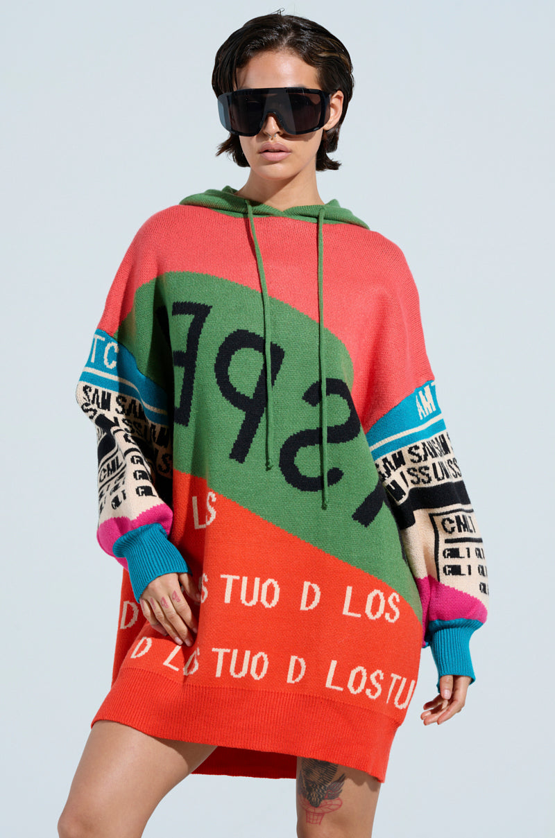 A person stands confidently against a light blue background, wearing oversized sunglasses and the LOUD AND PROUD PULLOVER HOODED SWEATER DRESS, featuring a vibrant oversized silhouette with shades of red, green, and blue adorned with bold graphic text.