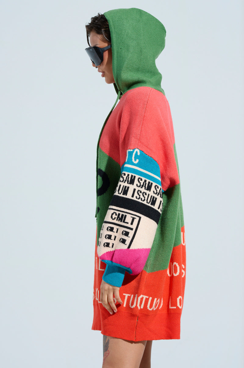 A person showcases an oversized silhouette in the LOUD AND PROUD PULLOVER HOODED SWEATER DRESS, adorned with graphic text prints, paired with large sunglasses and set against a plain background.