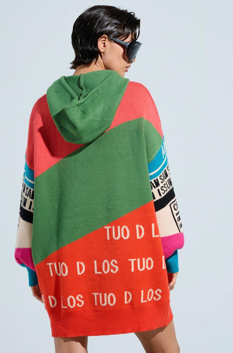 A person dons the LOUD AND PROUD PULLOVER HOODED SWEATER DRESS, showcasing an oversized silhouette with vibrant block patterns in green, red, pink, and blue. Against a plain background, the ensemble is enhanced by graphic text print and complemented by dark sunglasses that infuse an aura of mystery.