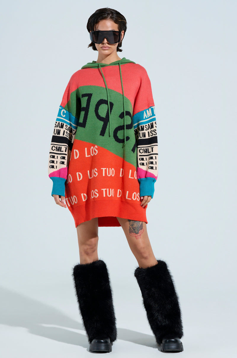Against a plain backdrop, an individual dons the "LOUD AND PROUD PULLOVER HOODED SWEATER DRESS," characterized by its oversized fit and graphic text print. The striking outfit is complemented by black leggings, large sunglasses, and black furry boots, creating a bold and eclectic look.