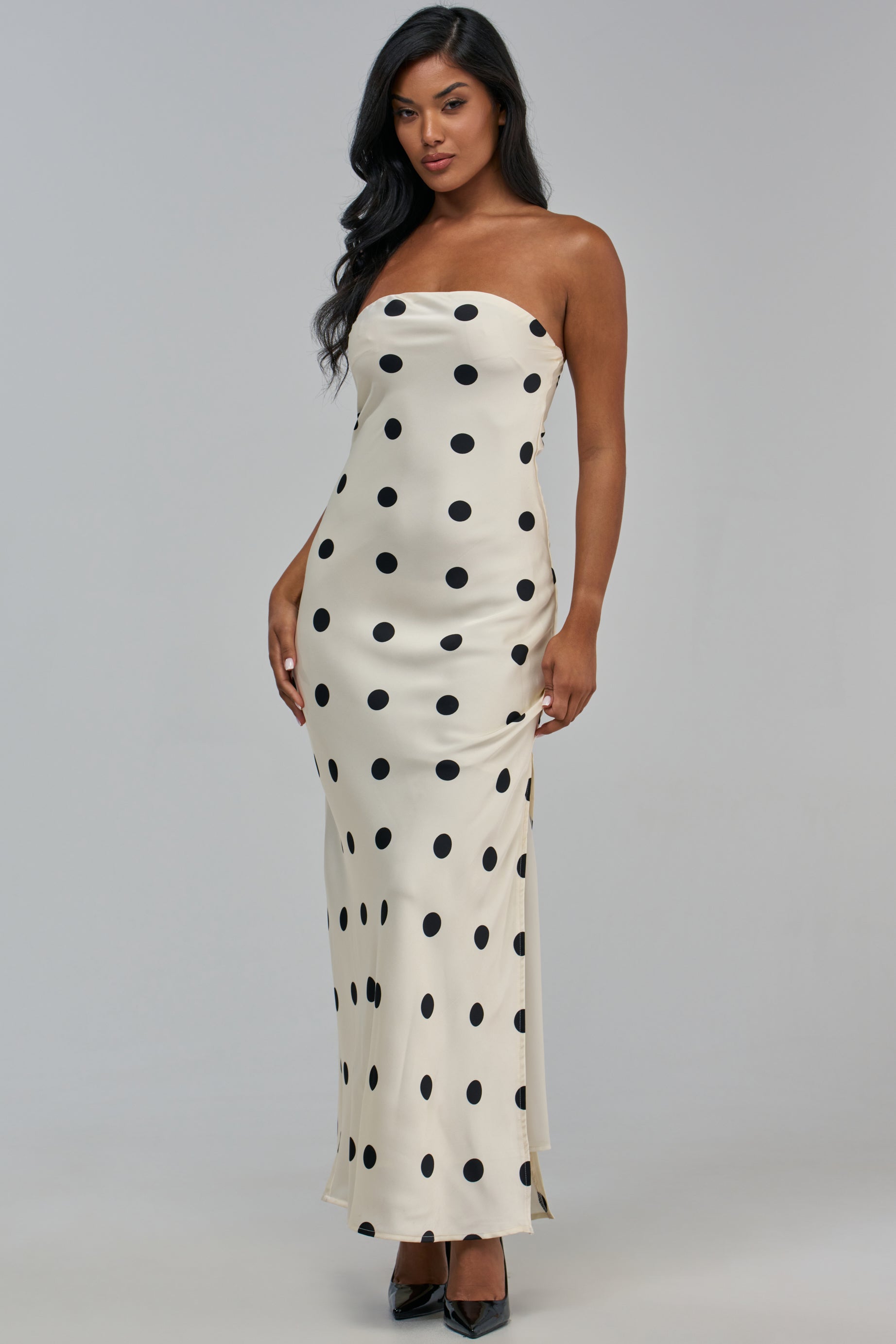 SIGN ON THE DOTTED LINE SATIN MAXI DRESS, a strapless, cream-colored polka dot maxi dress featuring a side slit.