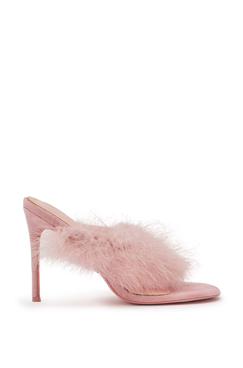 The AKIRA FEMINISTA Pink Faux Suede Fur Embellished Kitten Heel Sandal features a pointed toe, fluffy trim, and a cushioned insole for comfort with every step. 4