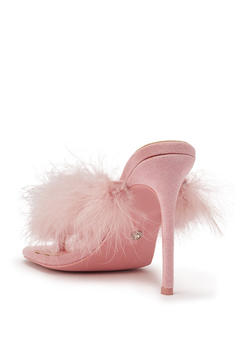 The AKIRA FEMINISTA Pink Faux Suede Fur Embellished Kitten Heel Sandal features an open toe, blush faux suede, and fluffy pink marabou feathers across the top for a playful textured look. 6