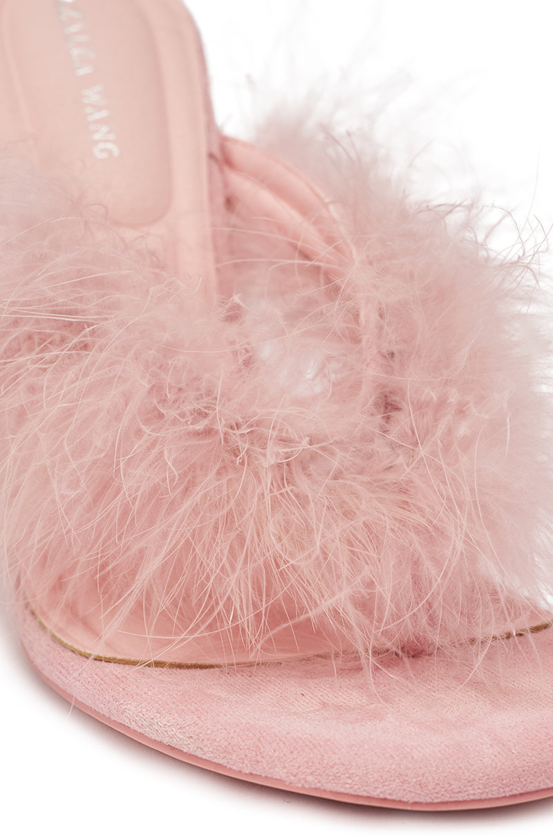 A close-up of the AKIRA FEMINISTA Pink Faux Suede Fur Embellished Kitten Heel Sandal, showcasing its plush fur trim and soft faux suede finish for a luxe look. 7