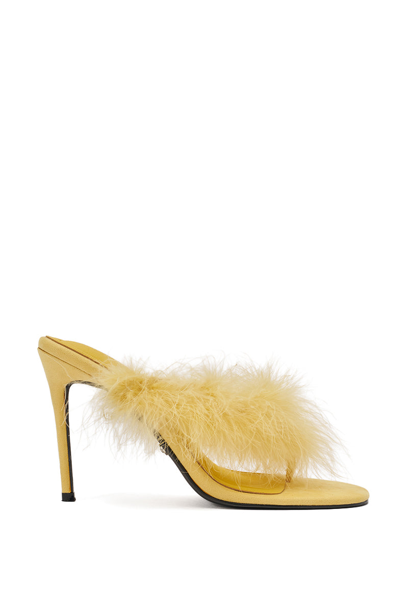 The AKIRA Feminista Yellow Faux Suede Kitten Heel Sandal features playful yellow fur embellishments and a comfort cushion heel. 3