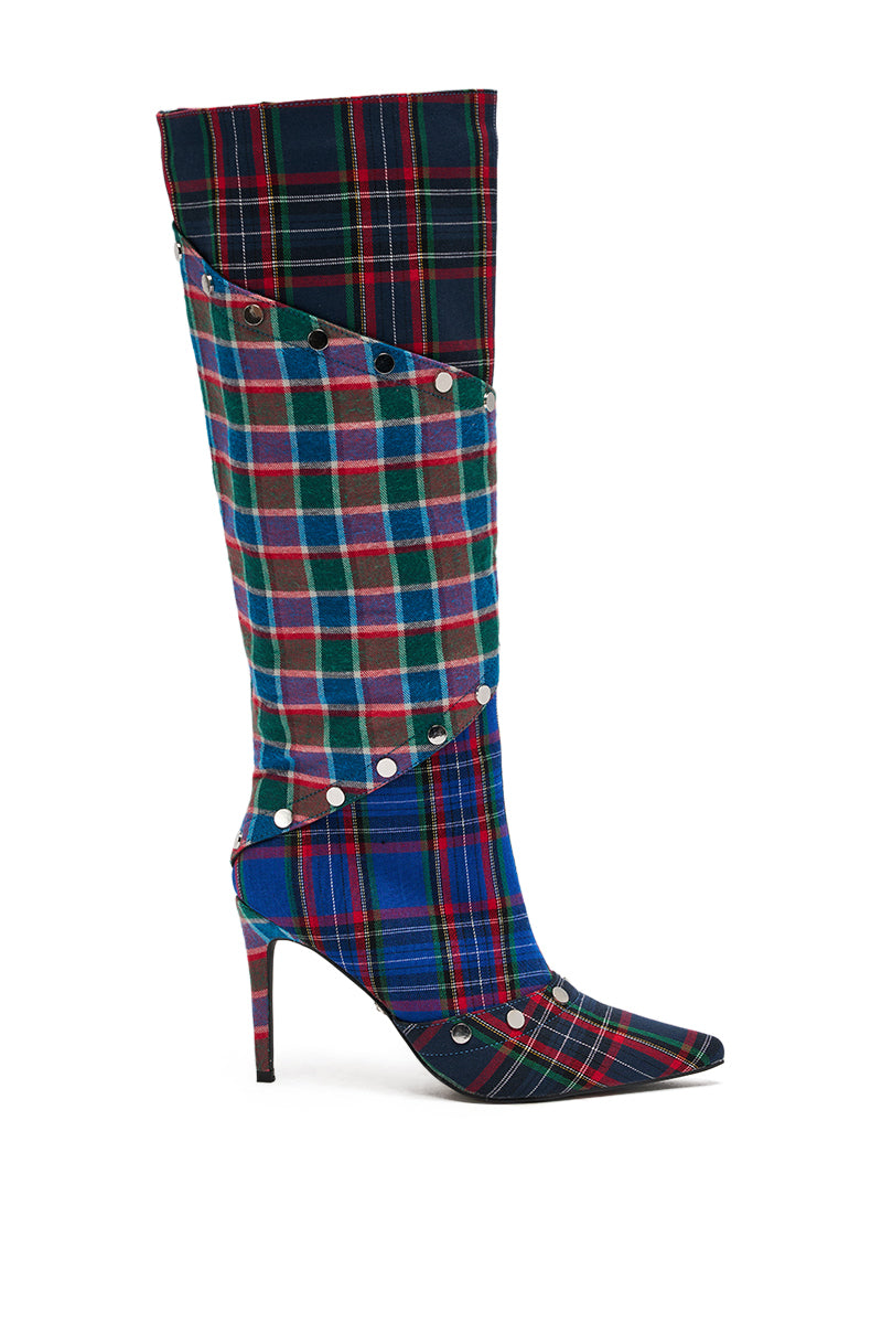The AZALEA WANG FENMORE Plaid Multi Color Blocked Stiletto Boot features overlapping multicolored plaid layers and silver studded seams, making this knee-high boot a striking statement piece. 3