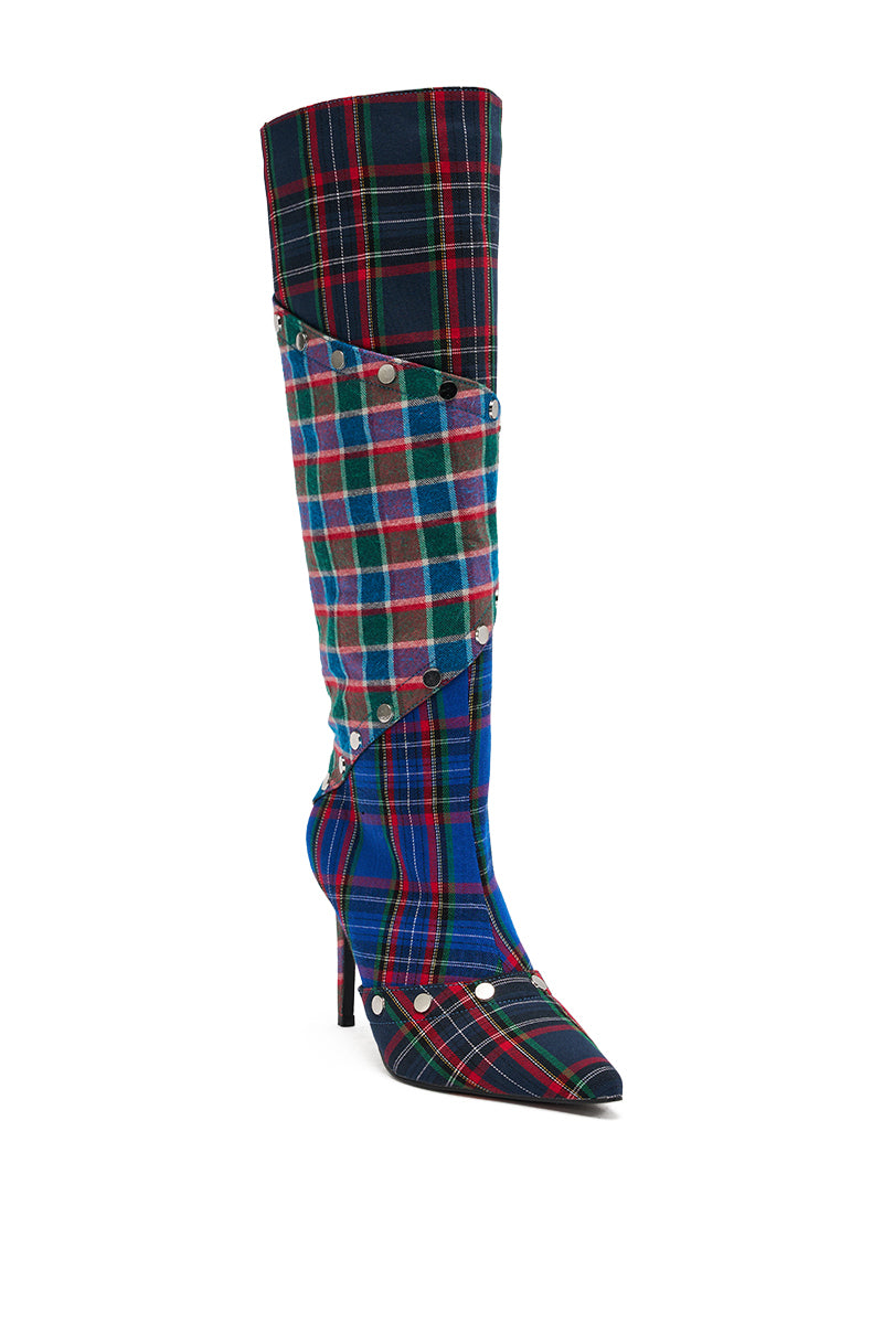 The AZALEA WANG FENMORE Plaid Multi Color Blocked Stiletto Boot is a knee-high, pointed toe boot with a plaid pattern and silver stud accents along diagonal seams. 4