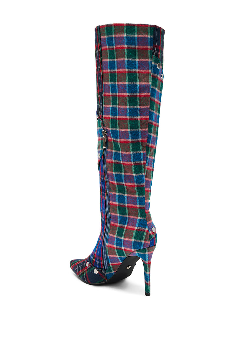The AZALEA WANG FENMORE PLAID MULTI COLOR BLOCKED STILETO BOOT features a knee-high silhouette, pointed toe, stiletto heel, and bold red, green, and blue plaid pattern for a standout look against white backgrounds. 5