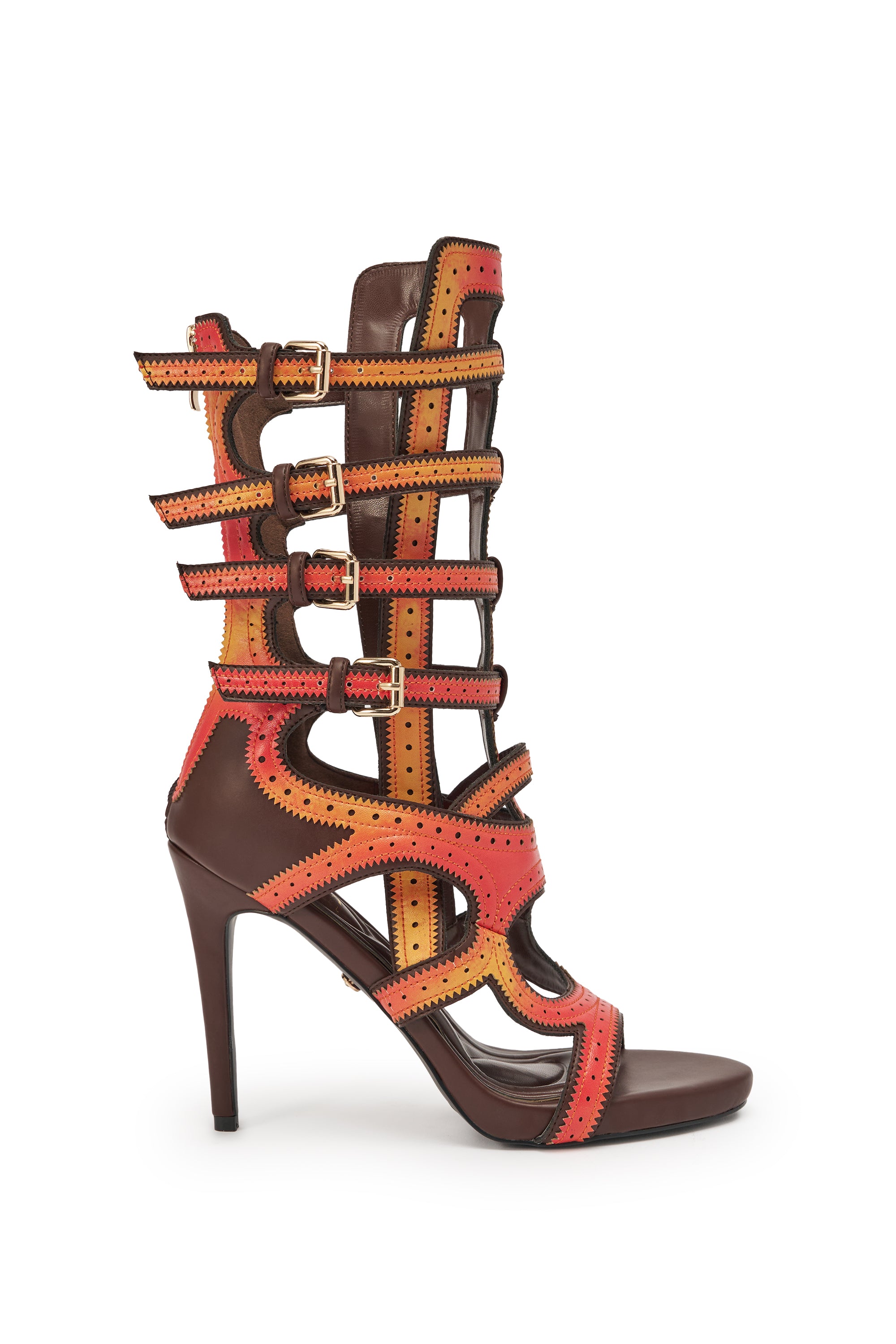 The AKIRA GOLD FEVER ORANGE MULTI OMBRE OPEN TOE BOOTIE is a statement occasion stiletto with brown, orange, and red multi-straps, four silver buckles, decorative stitching, and an open toe design. 8