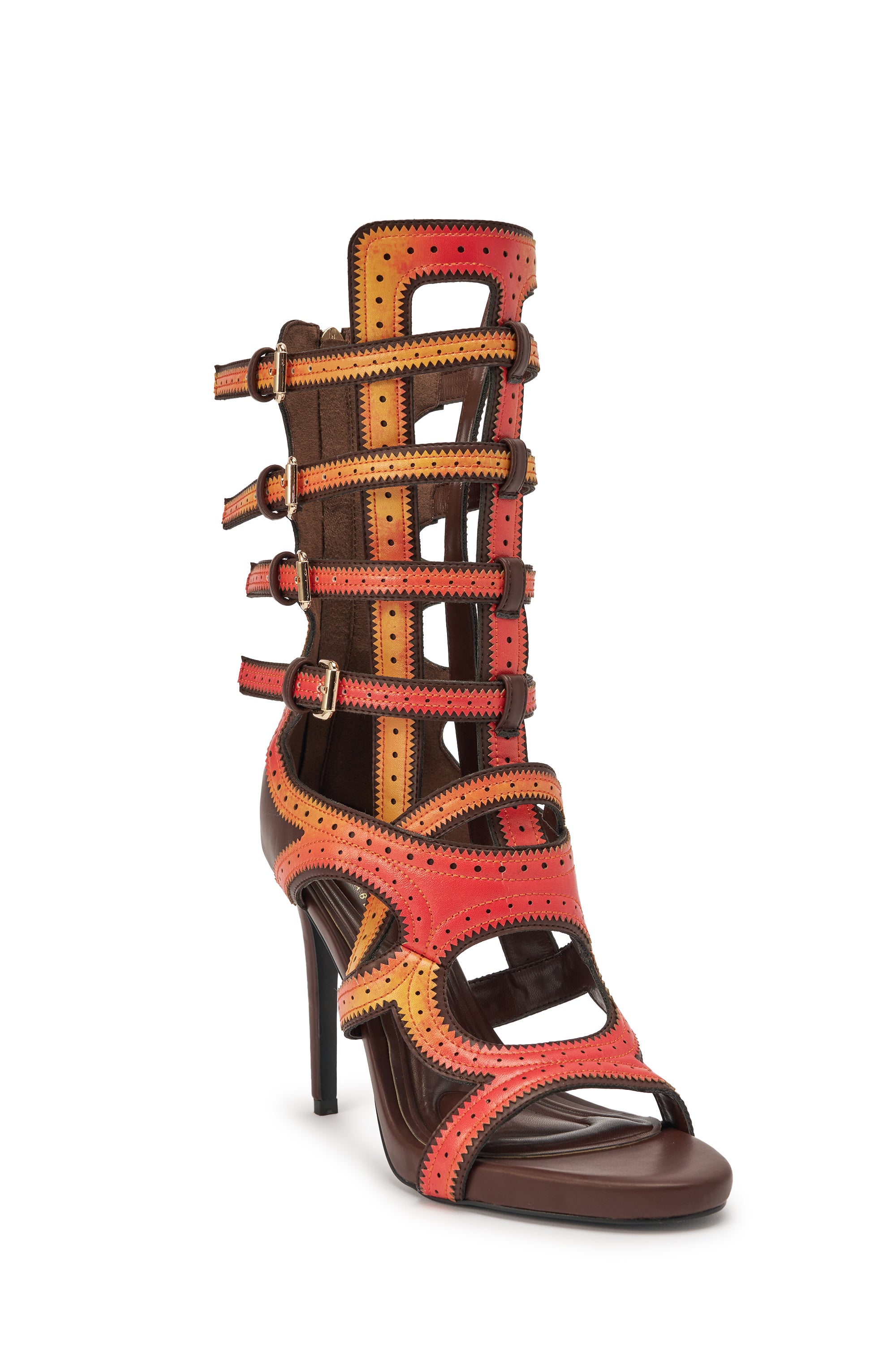 The AKIRA GOLD FEVER ORANGE MULTI OMBRE OPEN TOE BOOTIE boasts high heels, brown buckles, and a red-orange-yellow gradient on orange faux leather, finished with decorative perforated edging—ideal for standout occasion wear. 6