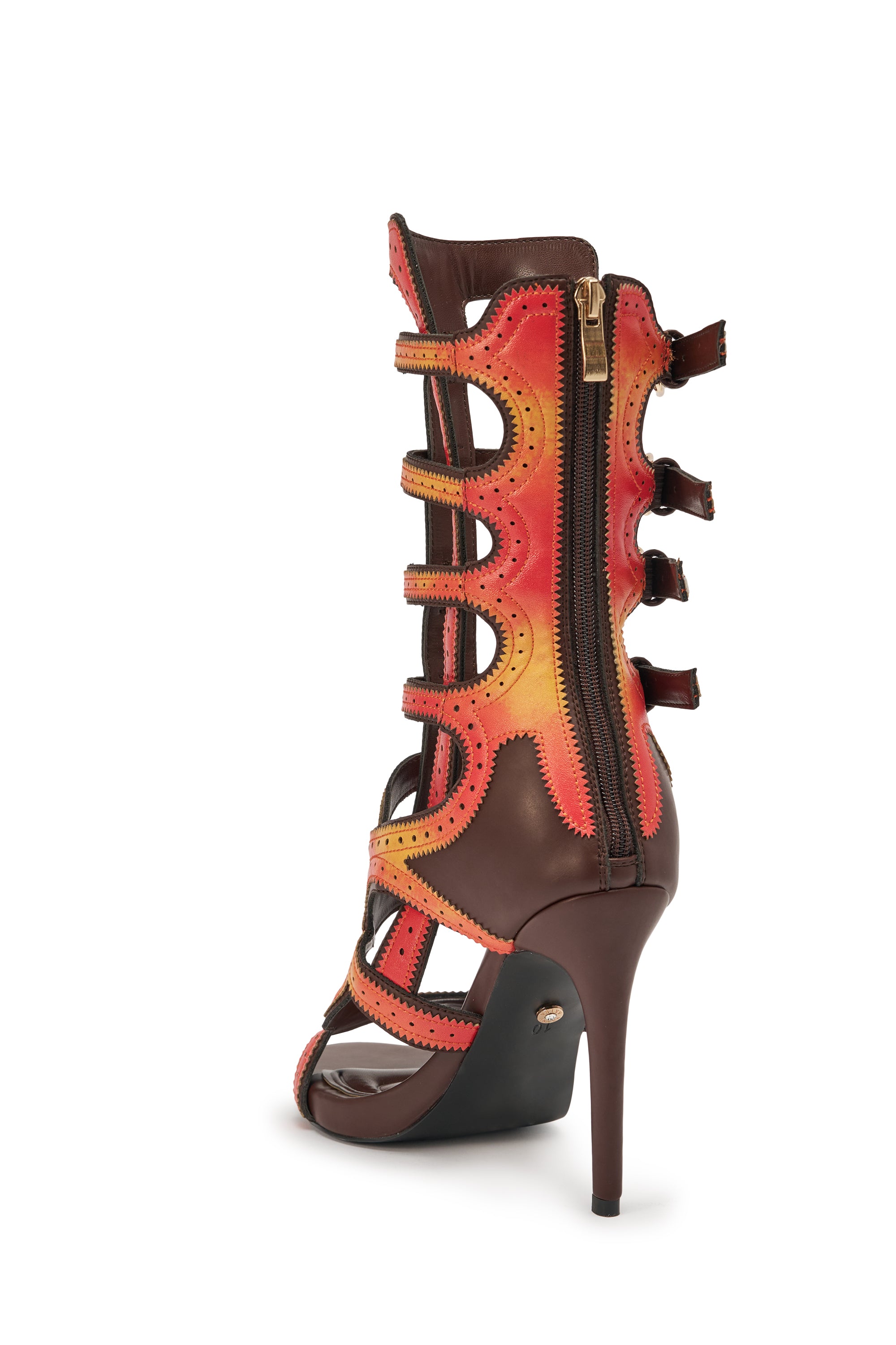 The AKIRA GOLD FEVER ORANGE MULTI OMBRE OPEN TOE BOOTIE is a statement high-heeled sandal with a brown base, vibrant red, yellow, and orange accents, multiple buckled straps, and a gold zipper—perfect for any occasion. 7