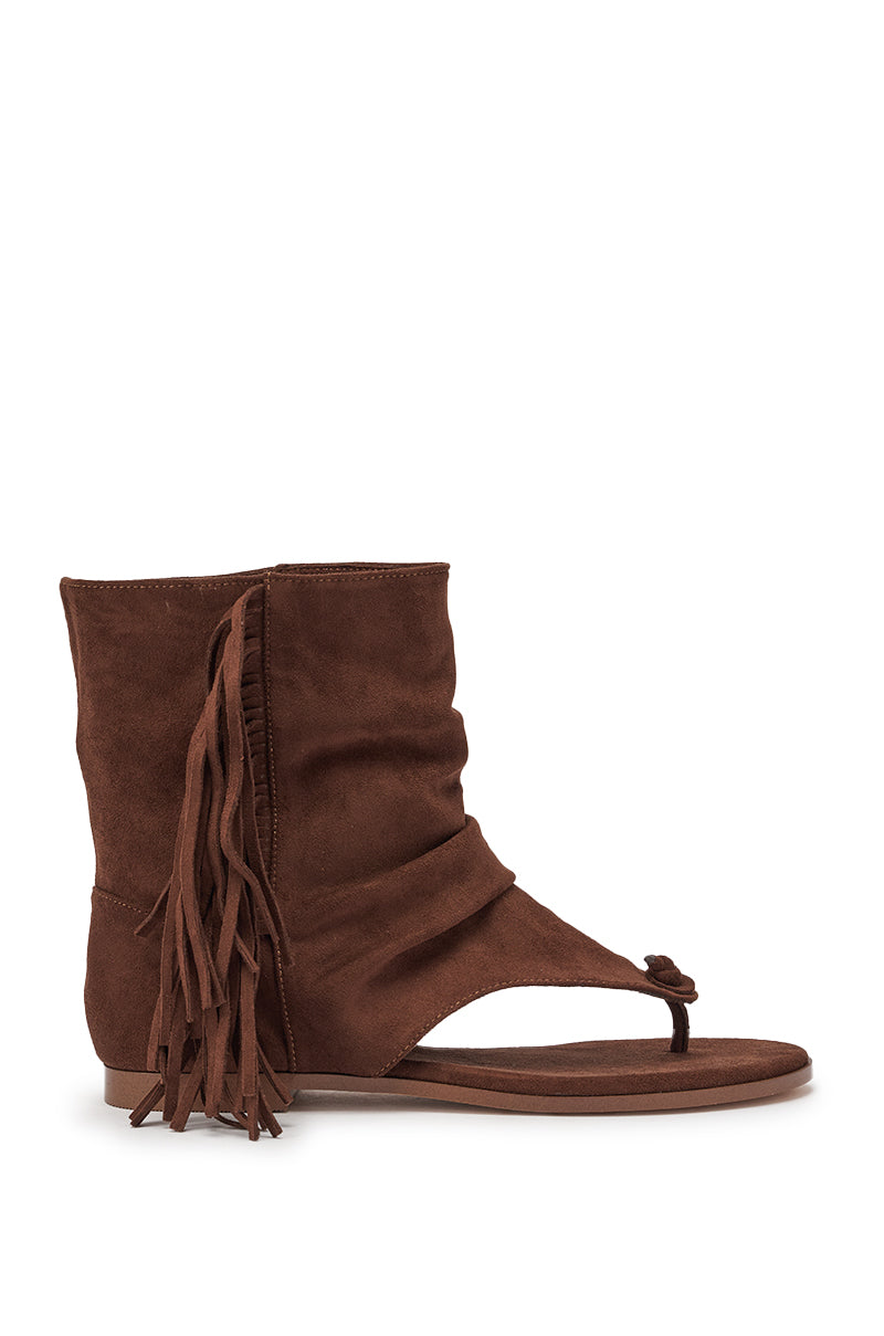 The AZALEA WANG FIDDA CHOCOLATE GLADIATOR FLAT SANDAL features brown faux suede, a flat sole, open toe, ankle-high slouchy upper, and side fringe for a boho-chic update on classic gladiator sandals. 3