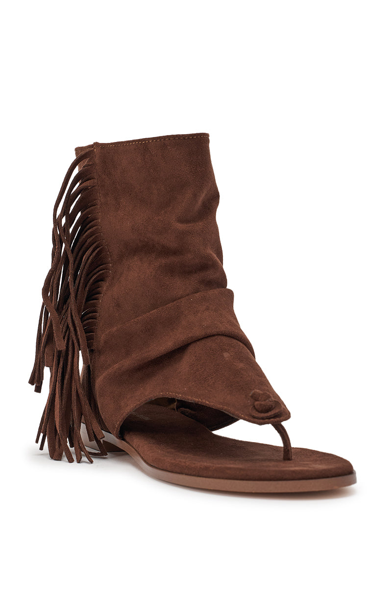 The AZALEA WANG FIDDA CHOCOLATE GLADIATOR FLAT SANDAL features a brown faux suede finish, flat sole, open toe, ankle-high slouchy upper, and side fringe—ideal for those who love stylish ankle-high sandals. 4