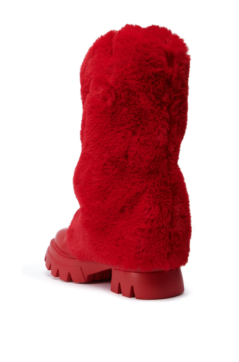 The AZALEA WANG FIESTY RED FUR BOOTIE is displayed from the side and back against a plain white background, featuring a chunky block heel and vibrant red faux fur.