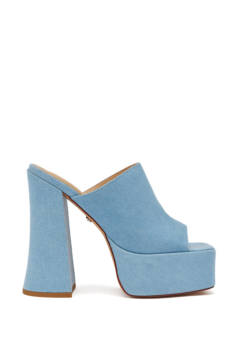 The AKIRA GOLD FIKILE DENIM CHUNKY SANDAL features light blue denim-like fabric on the upper, heel, and platform sole, with a chunky block heel and open toe, shown in side profile on a white background. 4