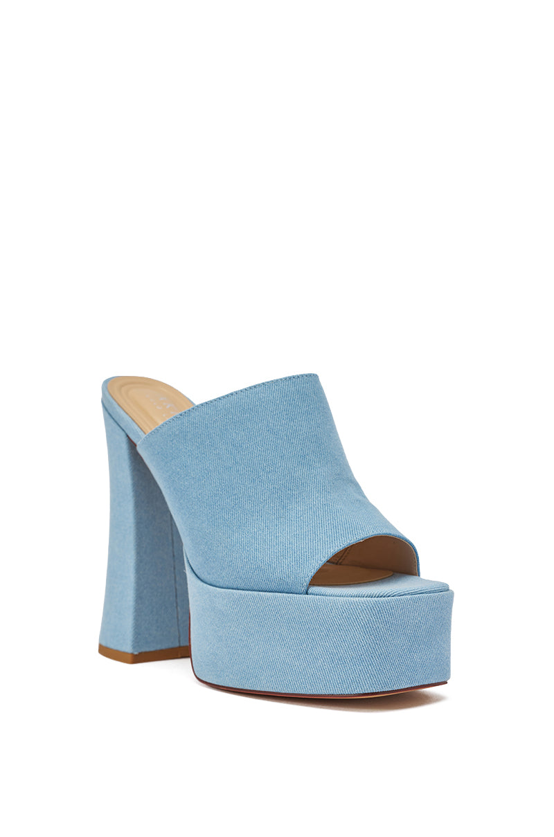 The AKIRA GOLD FIKILE DENIM CHUNKY SANDAL features a light blue denim-like upper, square open toe, chunky block heel, and tan sole. 5