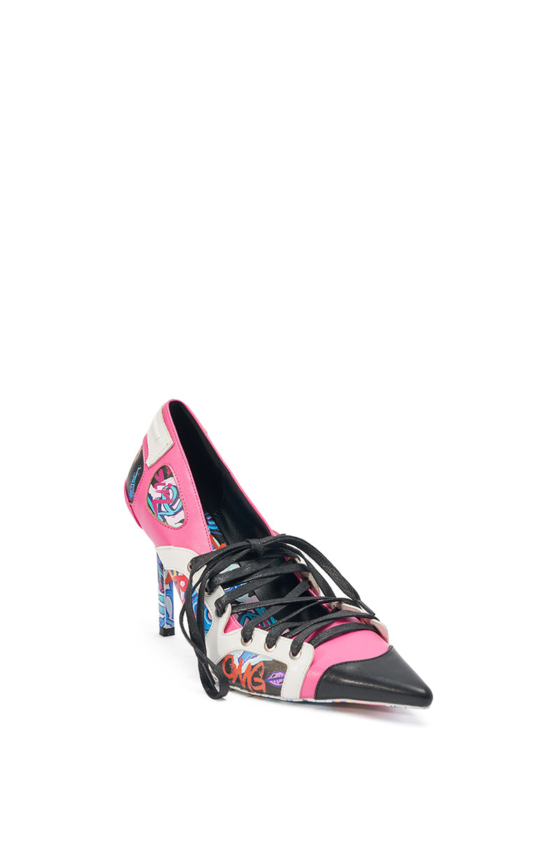 The AKIRA GOLD FIRST STRING GRAFFITI PUMP is a stiletto with a pointed toe, black laces, and bold pink, black, white, and blue graffiti-style graphics for standout style. 6